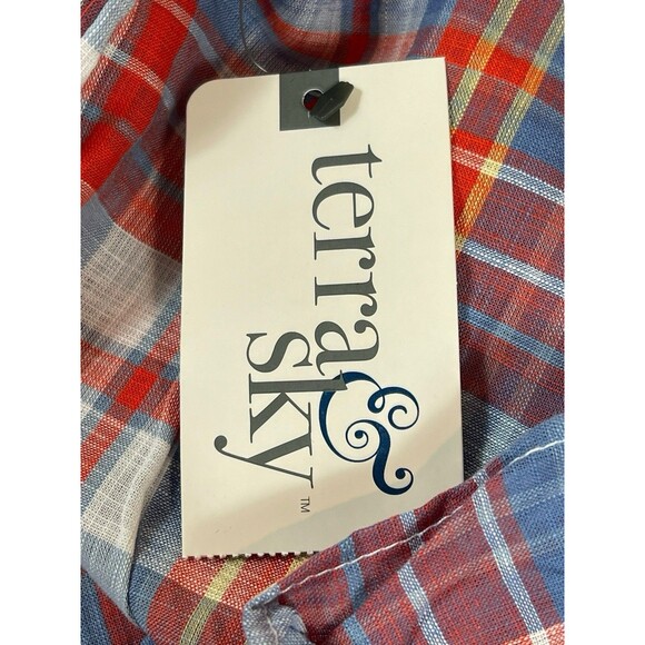 Terra & Sky Plus 4X Short Sleeve Plaid Ruffle Blouse Red Blue Cotton Top NWT - Picture 8 of 15